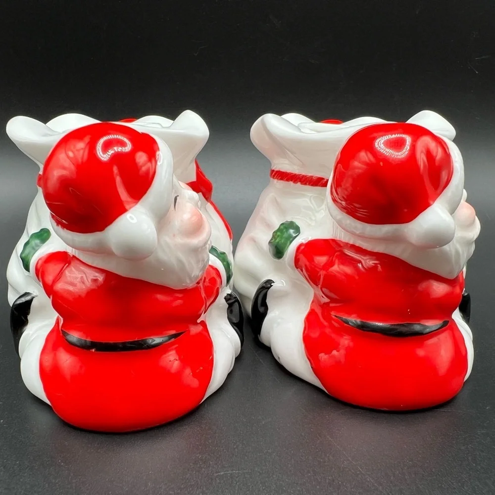 Vintage Ceramic Santas w/ Toy Bag Candleholder Pair Made in Taiwan Bone China